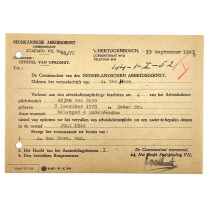 Original WWII Nederlandsche Arbeidsdienst deferred attendance document Bedum