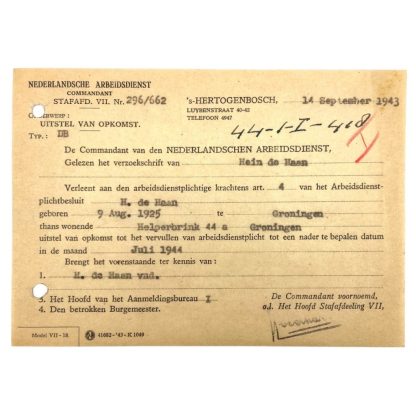 Original WWII Nederlandsche Arbeidsdienst deferred attendance document Groningen