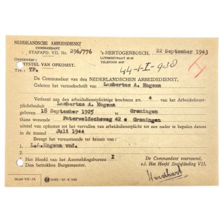 Original WWII Nederlandsche Arbeidsdienst deferred attendance document Groningen