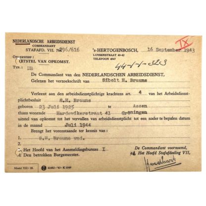 Original WWII Nederlandsche Arbeidsdienst deferred attendance documents Groningen