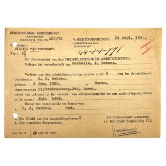 Original WWII Nederlandsche Arbeidsdienst deferred attendance document Haren