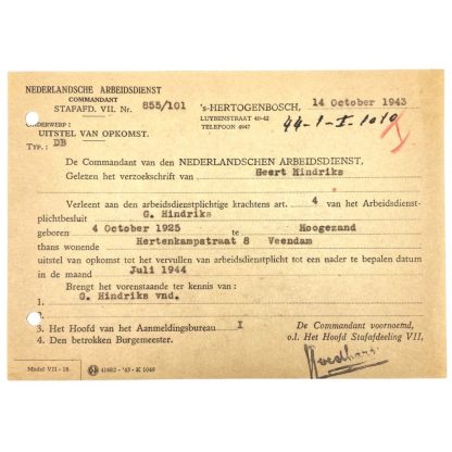 Original WWII Nederlandsche Arbeidsdienst deferred attendance document Hoogezand