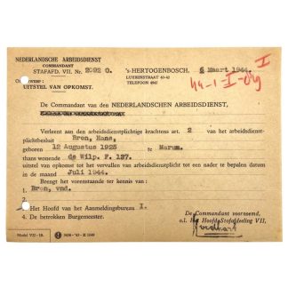 Original WWII Nederlandsche Arbeidsdienst deferred attendance document Marum