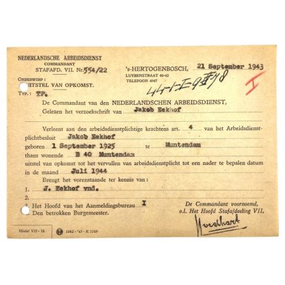 Original WWII Nederlandsche Arbeidsdienst deferred attendance document Muntendam