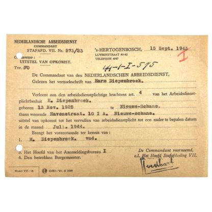 Original WWII Nederlandsche Arbeidsdienst deferred attendance document Nieuwe-Schans