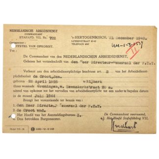 Original WWII Nederlandsche Arbeidsdienst deferred attendance document Nijkerk