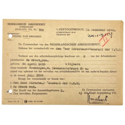 Original WWII Nederlandsche Arbeidsdienst deferred attendance document Nijkerk