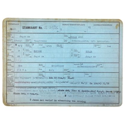 Original WWII Nederlandsche Arbeidsdienst pedigree card - Rotterdam/Vlagtwedde