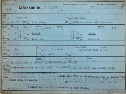 Original WWII Nederlandsche Arbeidsdienst pedigree card - Rotterdam/Vlagtwedde