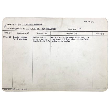 Original WWII Nederlandsche Arbeidsdienst penal list card - Den Haag