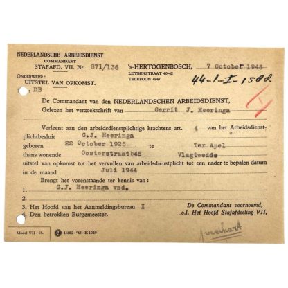 Original WWII Nederlandsche Arbeidsdienst deferred attendance document Ter Apel