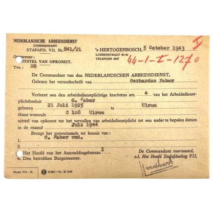 Original WWII Nederlandsche Arbeidsdienst deferred attendance document Ulrum
