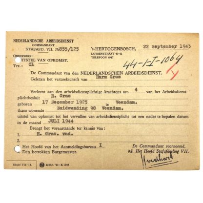 Original WWII Nederlandsche Arbeidsdienst deferred attendance document Veendam