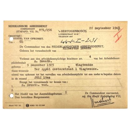 Original WWII Nederlandsche Arbeidsdienst deferred attendance document Vlagtwedde