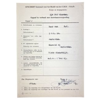 Original WWII Nederlandsche Arbeidsdienst document Wierden
