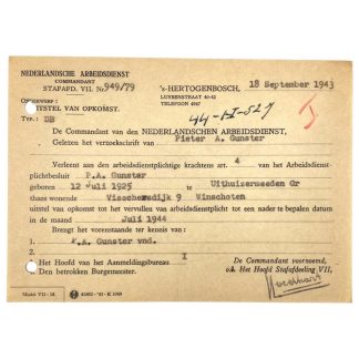 Original WWII Nederlandsche Arbeidsdienst deferred attendance document Winschoten
