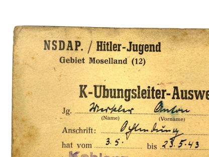 Original WWII German NSDAP Hitlerjugend Ausweis Moselland