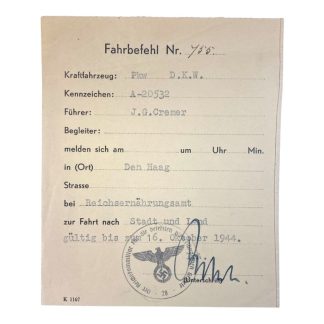 Original WWII German Fahrschein for the Reichsernährungsamt in Den Haag