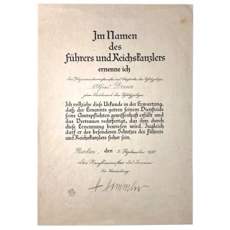 Original WWII German Schutzpolizei citation with Reichsführer SS Heinrich Himmler autograph