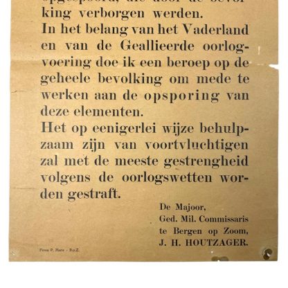 Original WWII Dutch announcement poster about Germans and NSB members - Bergen op Zoom