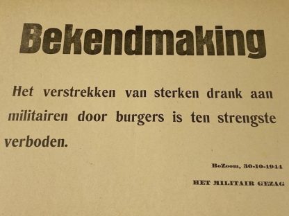 Original WWII Dutch poster 'Liquor forbidden for soldiers' Bergen op Zoom
