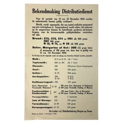 Original WWII Dutch 'Distributiedienst' announcement poster Bergen op Zoom