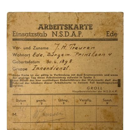 Original WWII German NSDAP Einsatzstab Ede Arbeitskarte from a Dutchman