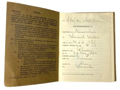 Original Pre 1940 Dutch army ID pocket book 'Staf der Artillerie' Rheden