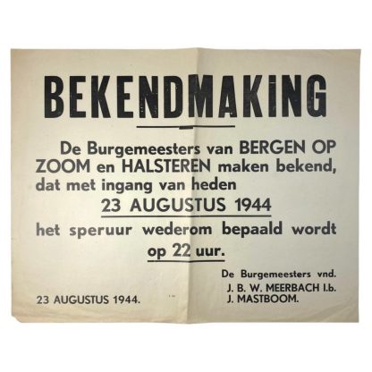 Original WWII Dutch curfew announcement poster for Halsteren en Bergen op Zoom
