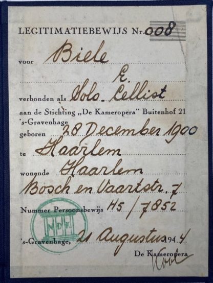 Original WWII German/Dutch NDK ID card of member from Haarlem