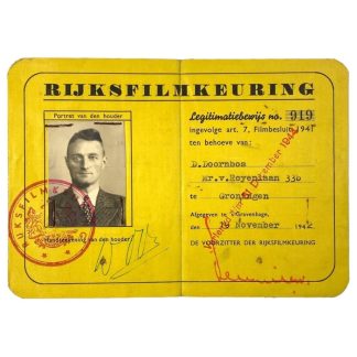 Original WWII Dutch Rijksfilmkeuring ID card of a member from Groningen