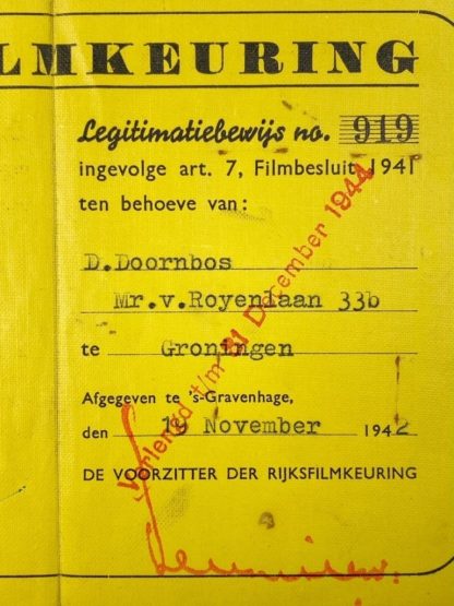 Original WWII Dutch Rijksfilmkeuring ID card of a member from Groningen