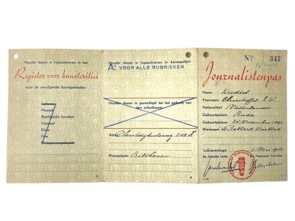 Original WWII Dutch 'Nederlandsche Verbond van Journalisten' ID card of a journalist from Bilthoven
