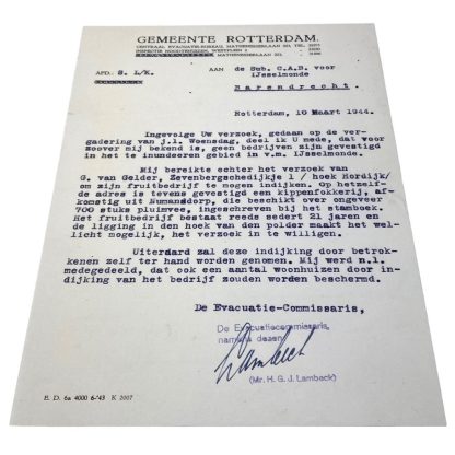 Original WWII Dutch document regarding evacuations from Numansdorp