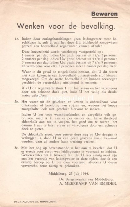 Original WWII Dutch leaflet about drinking water in Middelburg