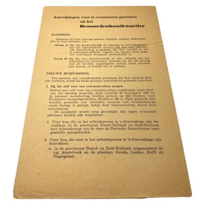 Original WWII Dutch flyer regarding the evacuations from the Benoordenhoutkwartier in Den Haag