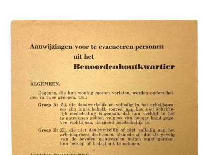 Original WWII Dutch flyer regarding the evacuations from the Benoordenhoutkwartier in Den Haag