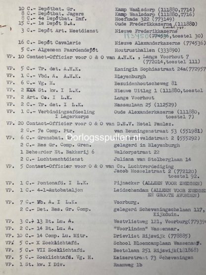 Original Pre 1940 Dutch army unit list of Den Haag