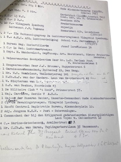 Original Pre 1940 Dutch army unit list of Den Haag
