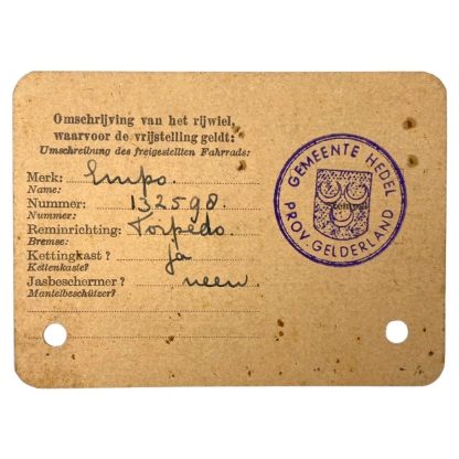 Original WWII German/Dutch exemption confiscation of bicycles Ausweis from Hedel