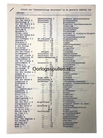 Original WWII Dutch lists of 'lebenswichtige betrieben' in Hendrik-Ido-Ambacht