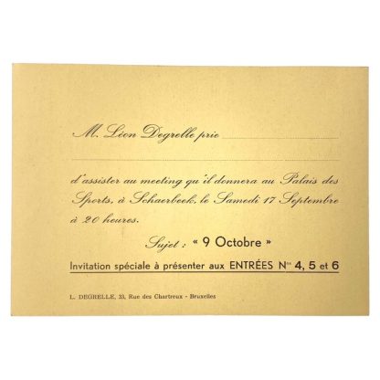 Original WWII Walloon REX Leon Degrelle invitation card for meeting in Schaerbeek
