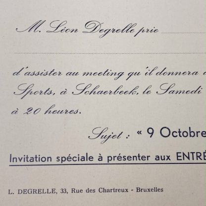 Original WWII Walloon REX Leon Degrelle invitation card for meeting in Schaerbeek