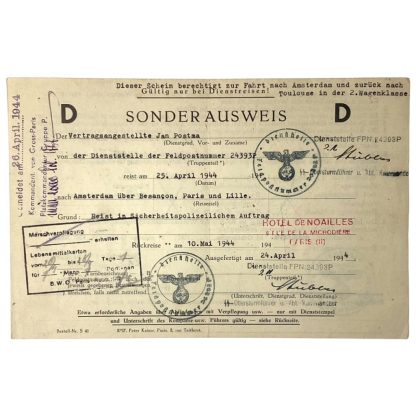 Original WWII German Sonderausweis of a Dutch SD man in France