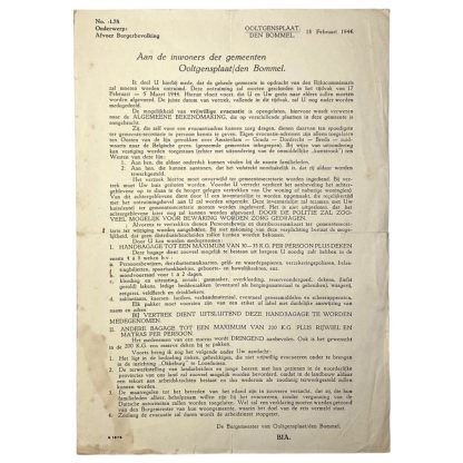 Original WWII Dutch evacuation document Ooltgensplaat/den Bommel