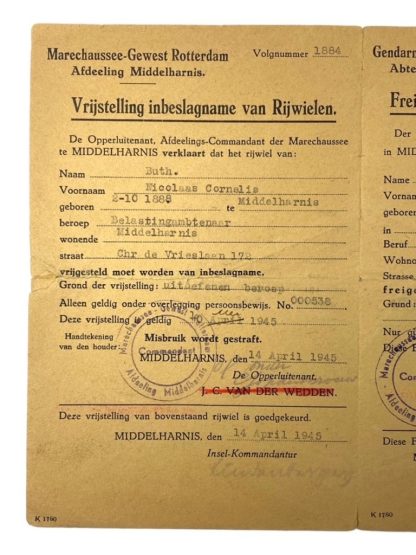 Original WWII German exemption confiscation of bicycles Ausweis from Middelharnis