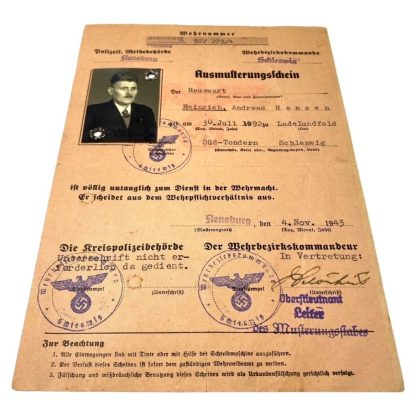 Original WWII German Ausmusterungsschein of a man from Südtondern (Holstein-Schleswig)