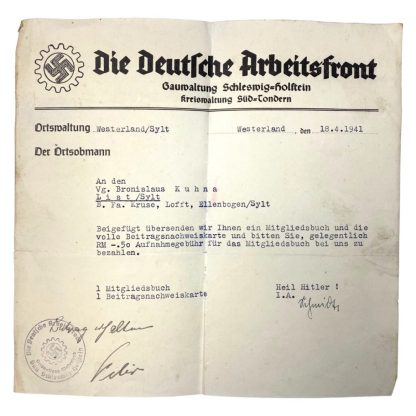 Original WWII Deutsche Arbeitsfront document from the Island of Sylt (Germany)