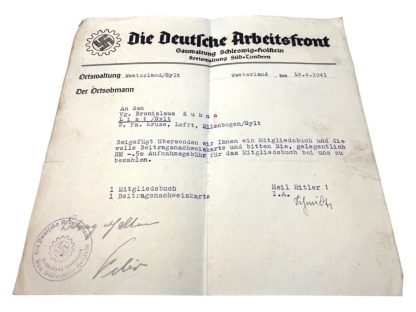 Original WWII Deutsche Arbeitsfront document from the Island of Sylt (Germany)