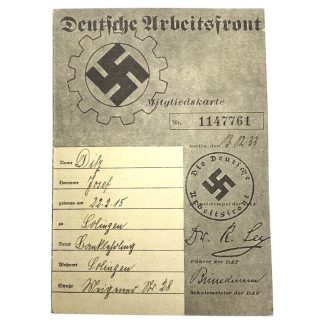 Original WWII German D.A.F. Mitgliedskarte from Solingen